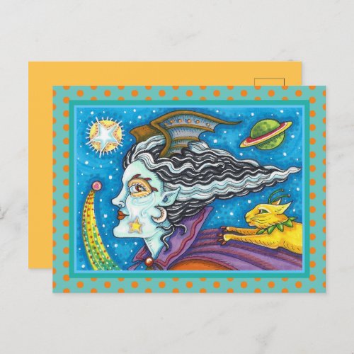 SCI FI SPACE WITCH  COMET CAT COLORFUL HALLOWEEN HOLIDAY POSTCARD