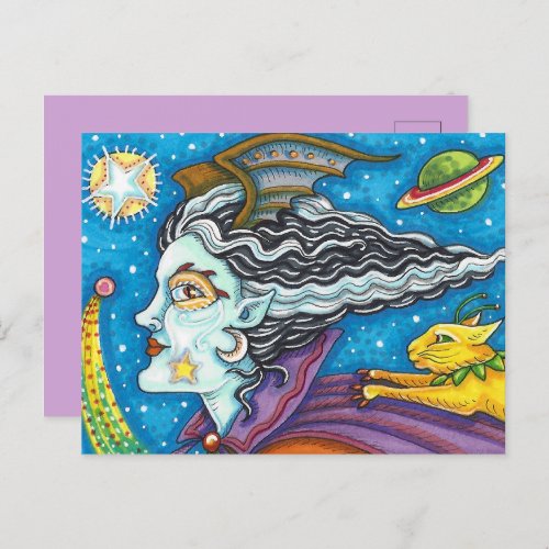 SCI FI SPACE WITCH  COMET CAT COLORFUL HALLOWEEN HOLIDAY POSTCARD