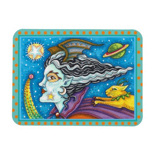 SCI FI SPACE WITCH  COMET CAT COLORFUL HALLOWEEN MAGNET