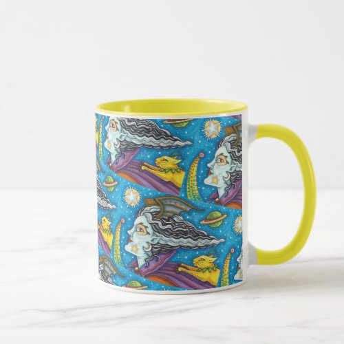 SCI FI SPACE WITCH  COMET CAT COLORFUL HALLOWEEN MUG