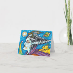 SCI FI SPACE WITCH & COMET CAT HALLOWEEN Blank Card