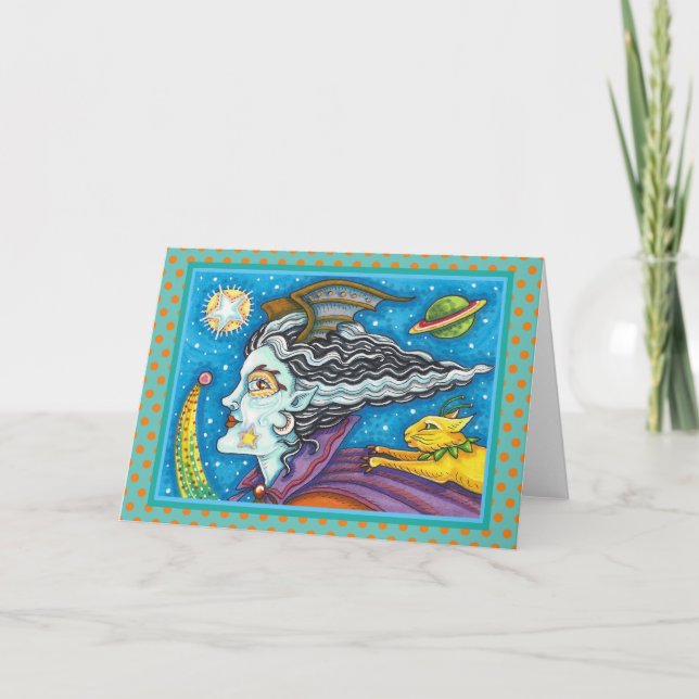 SCI FI SPACE WITCH & COMET CAT HALLOWEEN Blank Card (Front)