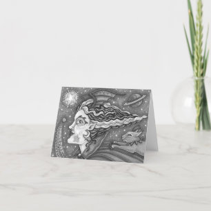 SCI FI SPACE WITCH & COMET CAT HUMOR BLK/WHT Blank Card