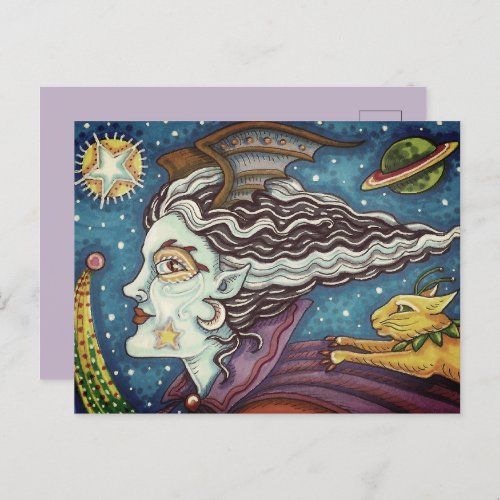 SCI FI SPACE WITCH  COMET CAT HUMOROUS HALLOWEEN HOLIDAY POSTCARD