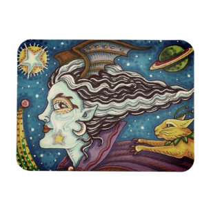 SCI FI SPACE WITCH & COMET CAT HUMOROUS HALLOWEEN MAGNET