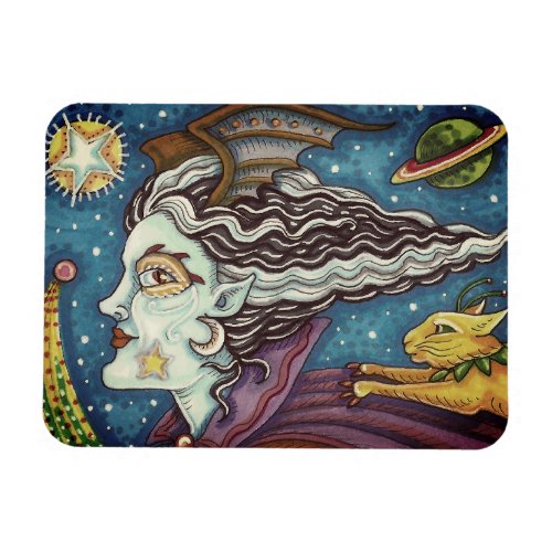 SCI FI SPACE WITCH  COMET CAT HUMOROUS HALLOWEEN MAGNET