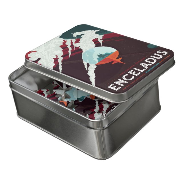 Sci-Fi Travel Ad, Moon Enceladus Jigsaw Puzzle (Lid Open)