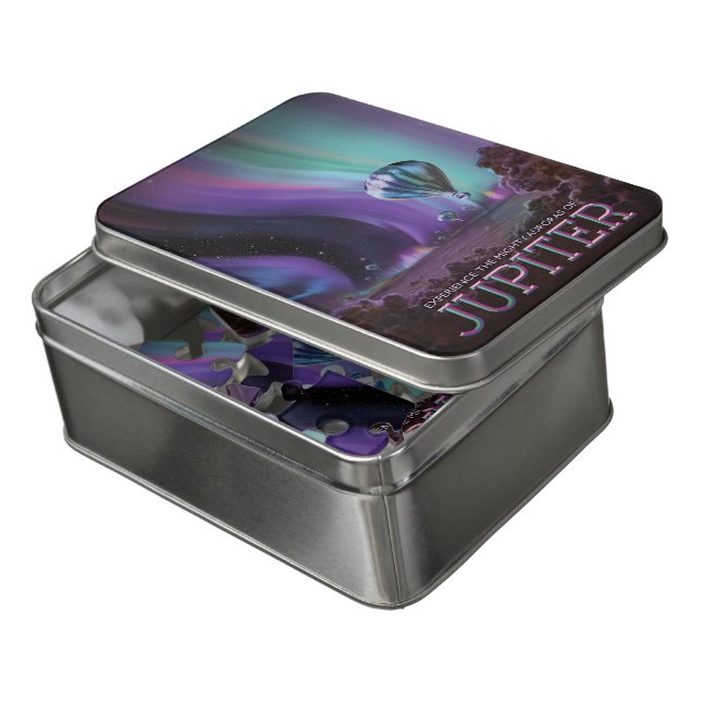 Sci-Fi Travel Ad, Planet Jupiter Jigsaw Puzzle (Lid Open)
