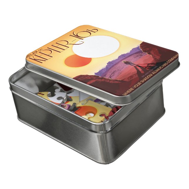 Sci-Fi Travel Ad, Planet Kepler-16b Jigsaw Puzzle (Lid Open)