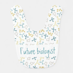 Science baby bib with molecules in blue and yellow