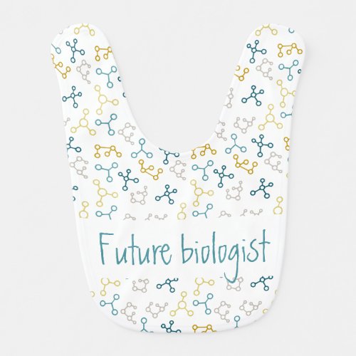 Science baby bib with molecules in blue and yellow