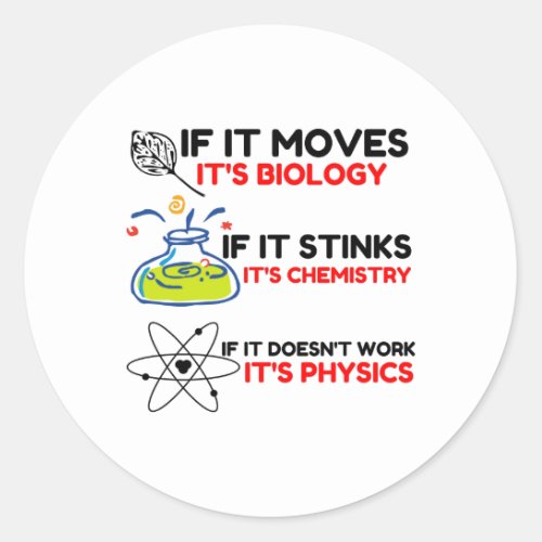 Science BIOLOGY CHEMISTRY PHYSICS Classic Round Sticker
