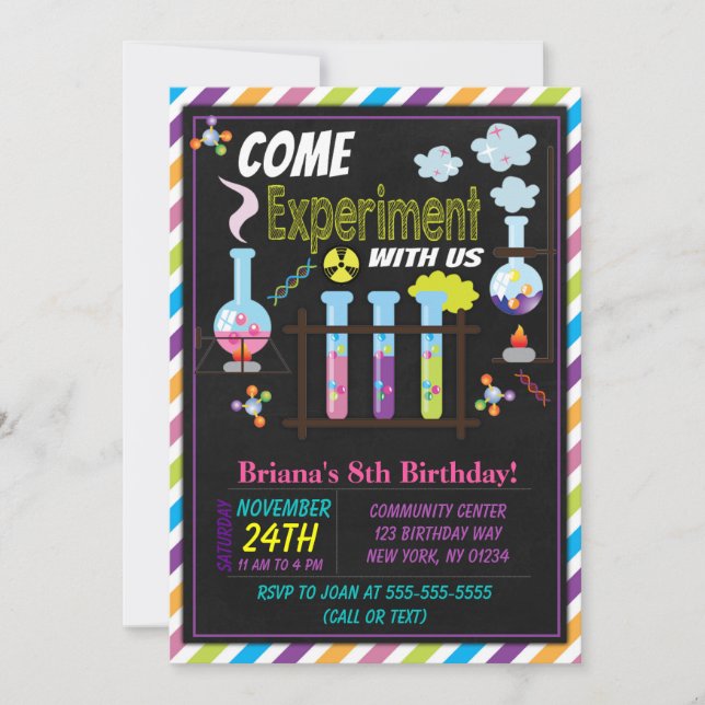 Science Birthday Party Invitation for a Girl (Front)