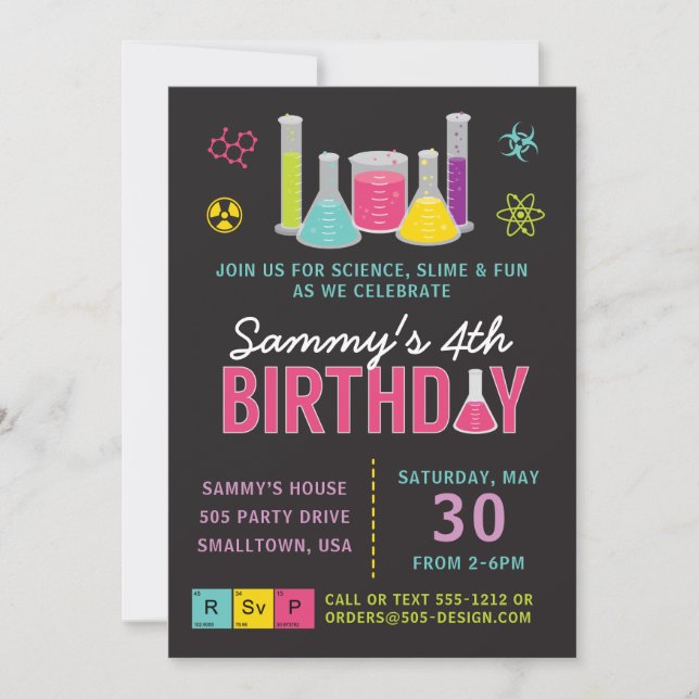 Science Birthday Party Invitation in Pink (Front)