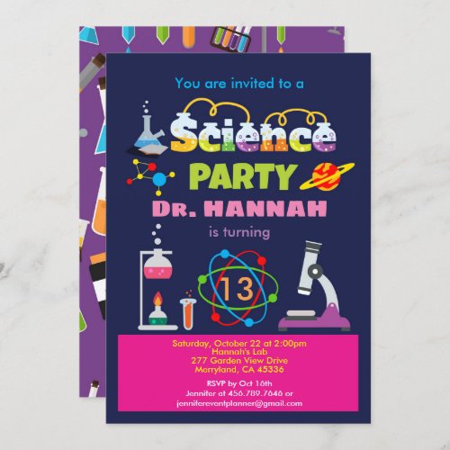 Science birthday party laboratory for girl invitation