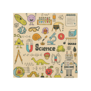 Science Doodles: Hand-Drawn School Set. Wood Wall Art
