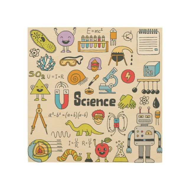 Science Doodles: Hand-Drawn School Set. Wood Wall Art (Front)