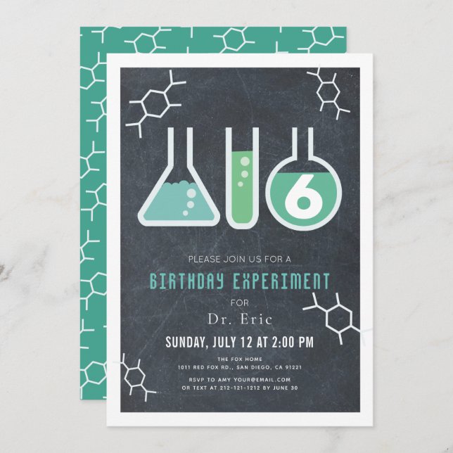Science Experiment Black Chalkboard Birthday Invitation (Front/Back)