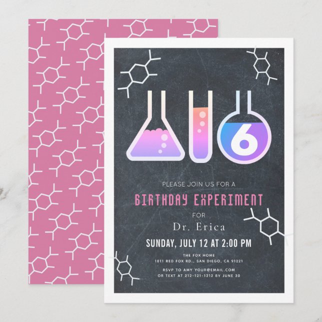 Science Experiment Black Chalkboard Girl Birthday Invitation (Front/Back)