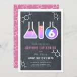 Science Experiment Black Chalkboard Girl Birthday Invitation<br><div class="desc">This cool  "birthday experiment" science birthday party invitation for girls features a chalkboard/blackboard background with flasks,  and a test tube framed by a white border. The reverse side features a pink background with molecule patterns. Personalize for your needs. You can find matching products at my store.</div>