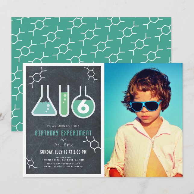 Science Experiment Black Chalkboard Photo Birthday Invitation (Front/Back)