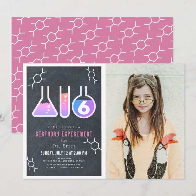 Science Experiment Chalkboard Girl Photo Birthday Invitation (Front/Back)