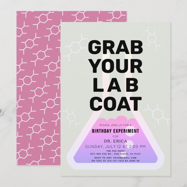 Science Experiment Flask Neon Pink Girl Birthday Invitation (Front/Back)