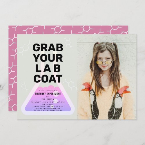 Science Experiment Flask Pink Girl Photo Birthday Invitation