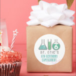 Science Experiment Green Boy Birthday Classic Round Sticker<br><div class="desc">This cool "birthday experiment" boy's science birthday party sticker features a white background with flasks,  and a test tube in green. Personalize for your needs. You can find matching products at my store.</div>