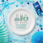 Science Experiment Green Boy Birthday Paper Plates<br><div class="desc">This cool "birthday experiment" boy's science birthday party paper plate features a white background with flasks,  and a test tube in green. Personalize for your needs. You can find matching products at my store.</div>