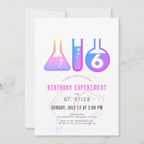 Science Experiment Neon Pink Adenine Girl Birthday Invitation