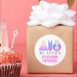 Science Experiment Neon Pink Girl Birthday Classic Round Sticker<br><div class="desc">This cool "birthday experiment" girl's science birthday party sticker features a white background with flasks,  and a test tube in neon pink. Personalize for your needs. You can find matching products at my store.</div>