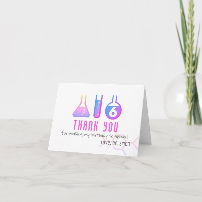 Science Experiment Neon Pink Girl Birthday Thank You Card (Front)