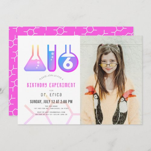 Science Experiment Neon Pink Girl Photo Birthday Invitation