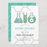 Science Experiment White & Green Boy Birthday Invitation<br><div class="desc">This cool  "birthday experiment" science birthday party invitation features a white background with flasks,  and a test tube. The reverse side features a teal background with molecule patterns. Personalize for your needs. You can find matching products at my store.</div>