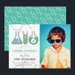 Science Experiment White Green Boy Photo Birthday Invitation<br><div class="desc">This cool  "birthday experiment" science birthday party photo invitation features a white background with flasks,  and a test tube. The reverse side features a teal background with molecule patterns. Personalize for your needs. You can find matching products at my store.</div>