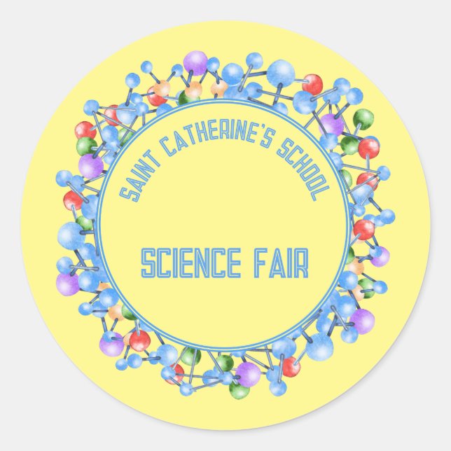 Science Fair Atoms Molecules Particles Custom Text Classic Round Sticker (Front)