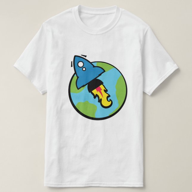 Science fiction cartoon Rocket And Planet T-Shirt (Design Front)