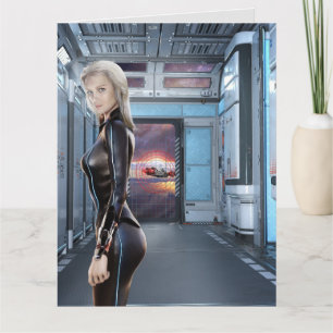 SCIENCE FICTION CURVY LEATHER WOMAN BIRTHDAY CARDS
