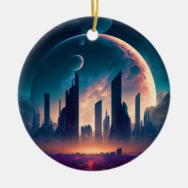 Science Fiction Cyberpunk Space City Ceramic Ornament (Front)