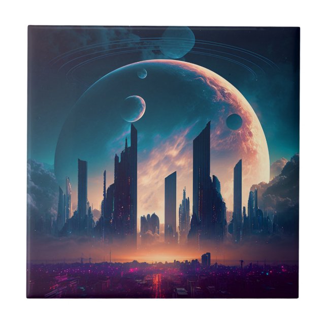 Science Fiction Cyberpunk Space City Ceramic Tile (Front)