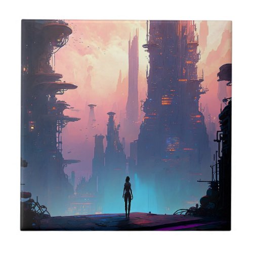 Science Fiction Futuristic City Ceramic Tile