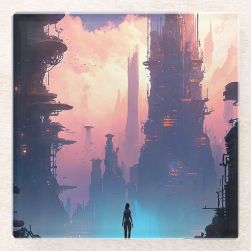 Science Fiction Futuristic City Glass Coaster