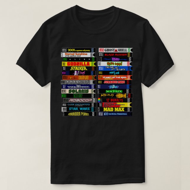 Science Fiction VHS Stack T-Shirt (Design Front)