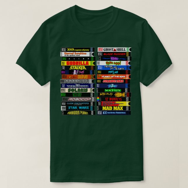Science Fiction VHS Stack T-Shirt (Design Front)