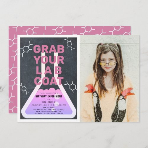 Science Flask Chalkboard Girl Pink Photo Birthday Invitation