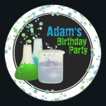 Science Lab Birthday Classic Round Sticker<br><div class="desc">Beakers and flasks and lots of bubbles is a formula for fun on this colorful scientific lab experiment theme birthday sticker. Experiment with text as preferred.</div>