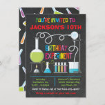 Science Lab Experiment Birthday Party Invitation<br><div class="desc">Super cute and cool,  Science Lab Experiment Birthday Party Invitations beakers,  test tube,  bunsen burner on a dark chalkboard background.
Great for the mad Scientist in your family or the science nerd. Great for a boy or girl.</div>