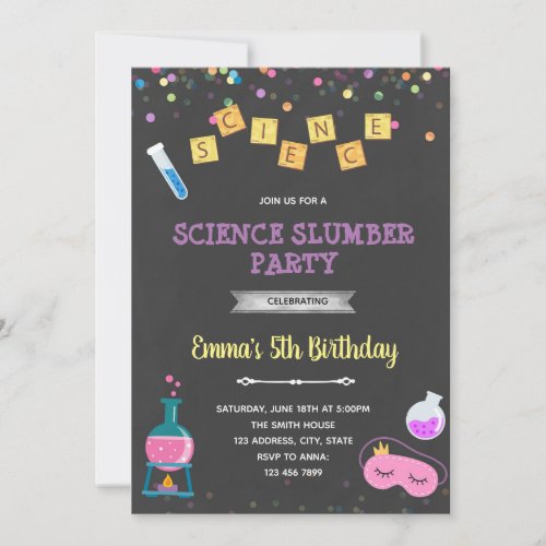 Science slumber birthday party invitation