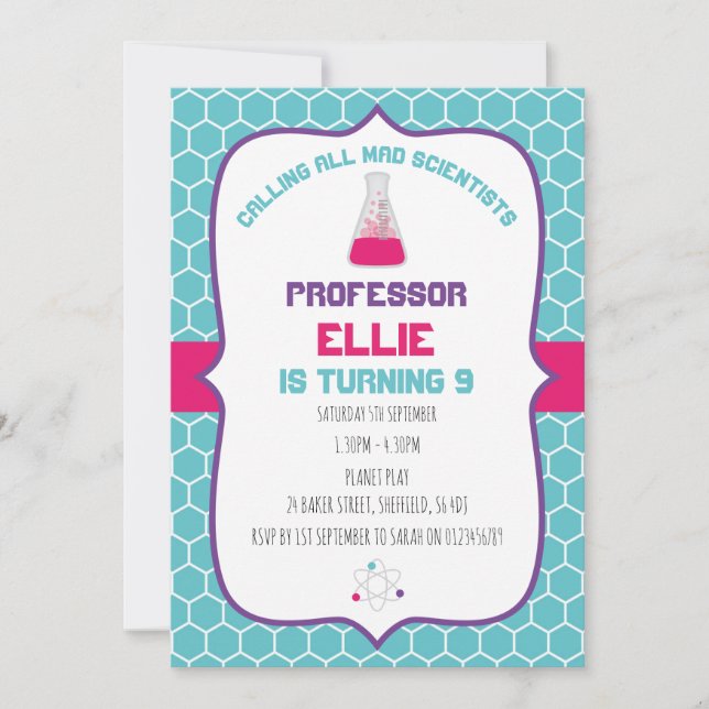 Science themed birthday party invitation (Front)